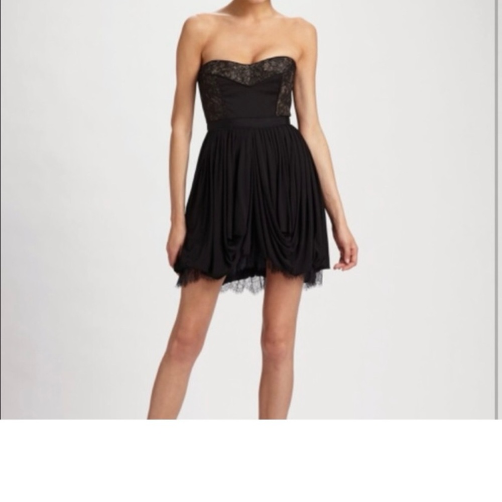 BCBG black & gold lace strapless dress.